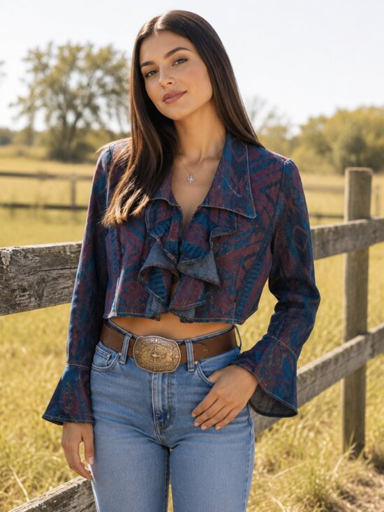 Fashionplate Tops - Vintage 80s Crop Top RUFFLE Front Southwest Rodeo Cowgirl Jacket Long Sleeve